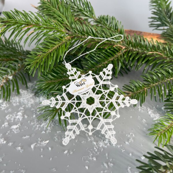 VOGEL Stickerei - Fensteranhänger Schneeflocke Plauener Spitze, weiss, 8,5 cm