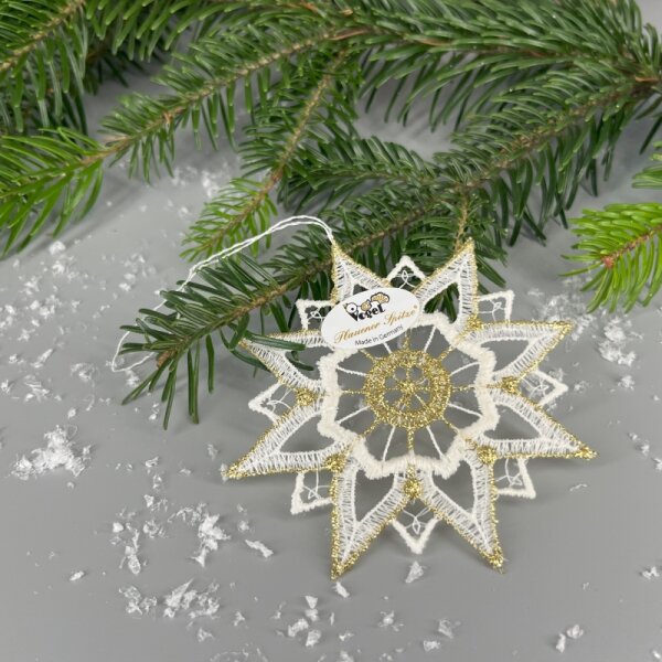 VOGEL Stickerei - Fensteranhänger Glitzerstern gold silber, Plauener Spitze, 9 cm