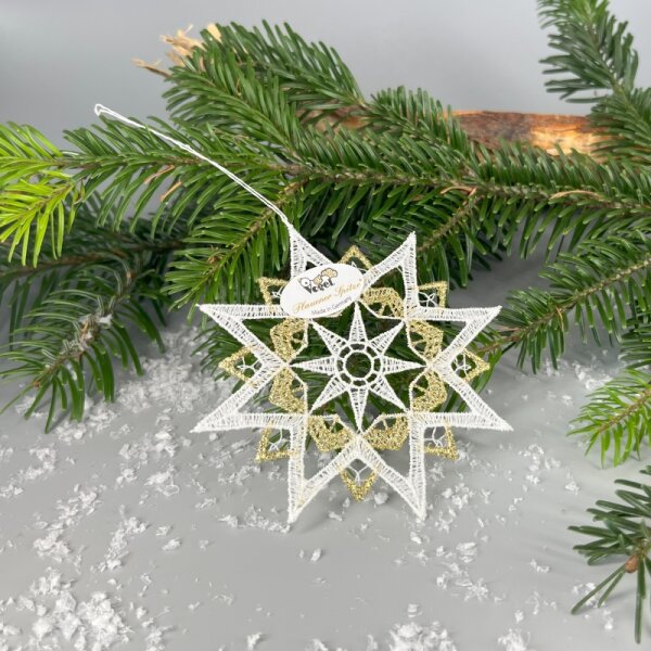 VOGEL Stickerei - Fensteranhänger Glitzerflocke gold silber Plauener Spitze, 9 cm