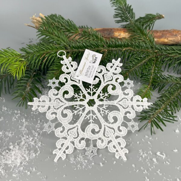 VOGEL Stickerei - Fensteranhänger Schneestern silber, Plauener Spitze, 15 cm