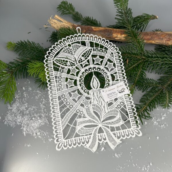 VOGEL Stickerei - Fensteranhänger Fensterbild Kerzenschein, Plauener Spitze, weiss, 15 x 25 cm